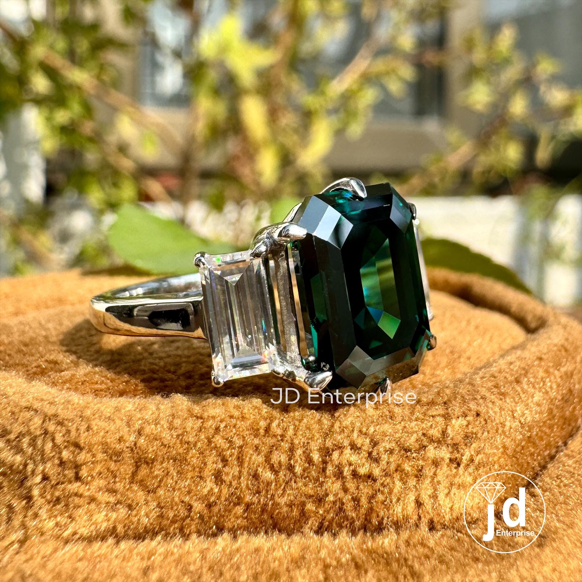 6.00 TW Emerald Cut Fancy Dark Green Moissanite Engagement Ring, Three Stone Wedding Ring, Side Stone Baguette, Anniversary Gift Bridal Ring