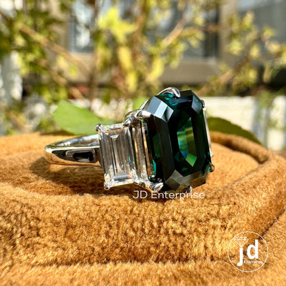 6.00 TW Emerald Cut Fancy Dark Green Moissanite Engagement Ring, Three Stone Wedding Ring, Side Stone Baguette, Anniversary Gift Bridal Ring