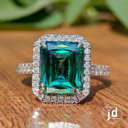 5.00 CT Criss Cut Green Moissanite Engagement Ring, Bridge Petite Pave Halo Wedding Ring, Full Eternity Band, Bridal Ring, Anniversary Ring