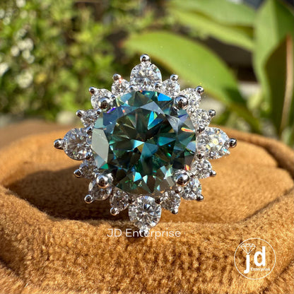 3.50 CT Round Cut Bluegreen Moissanite Engagement Ring, Vintage Halo Anniversary Gifts Ring, Flower Design Cluster Wedding Rings for Women
