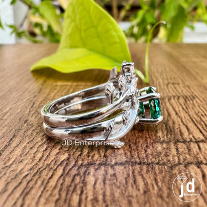 1.25 CT Portuguese Cut Green Moissanite Wedding Ring Set, Vintage Leaf Engagement Ring Set, Nature Inspired Anniversary Matching Band