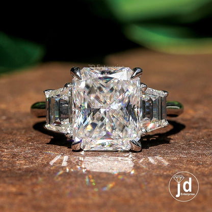 4.00 TW Colorless Radiant Cut Moissanite Ring, Side Trapezoid Moissanite, Three Stone Engagement Ring, Claw Prongs, Wedding Ring, Bride Ring