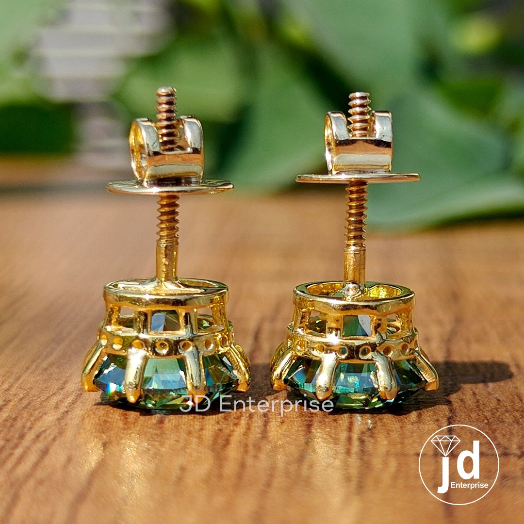 Green Moissanite Earrings, Moissanite Stud Earrings, 3.50 TW Round Moissanite Earrings, 8 Secure Prong, Vintage Bridal Earrings for Women