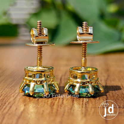Green Moissanite Earrings, Moissanite Stud Earrings, 3.50 TW Round Moissanite Earrings, 8 Secure Prong, Vintage Bridal Earrings for Women