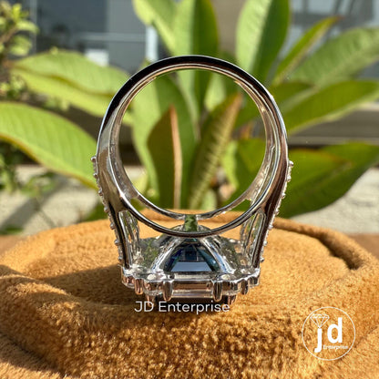 Large 6.70 CT Emerald Cut Royal Blue Moissanite Engagement Ring, Pave Split Shank Wedding Ring, Baguette & Round Halo Ring, Anniversary Gift