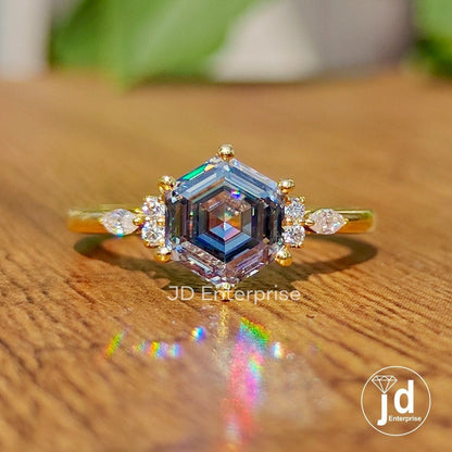 1.74 CT Hexagon Cut Grey Moissanite Engagement Ring, Accent Set Wedding Ring, 10k/14k/18k Gold Ring for Women, Anniversary Gifts Ring