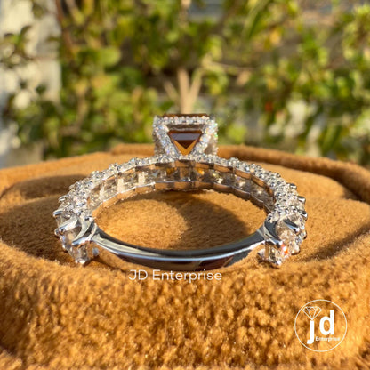 3.0 CT Criss Cut Champagne Color Moissanite Engagement Ring, Three Side Pave Wedding Ring, Hidden Halo Ring, Micro Pave Setting