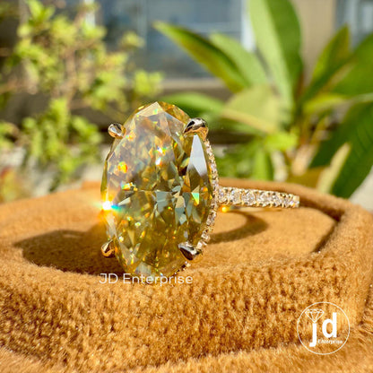Oval Cut Canary Yellow Moissanite Engagement Ring, Hidden Halo Ring, Wedding Ring, 3/4 Pave Set Bespoken Ring, Anniversary Ring, Bridal Ring