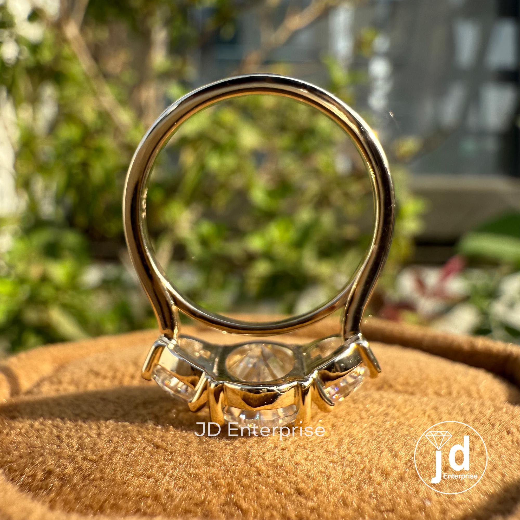 3.33 TCW Oval Cut Moissanite Engagement Ring, Side Stone Half Moon, Yellow Gold Three Stone Wedding Ring, Anniversary Ring, Trilogy Ring