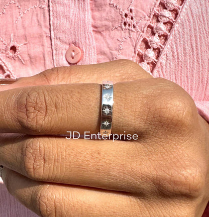 Moissanite Starburst Wedding Band Ring, Solid Gold Solitaire Anniversary Band, Pave Celestial Ring Women, Minimalist Stackable Matching Band