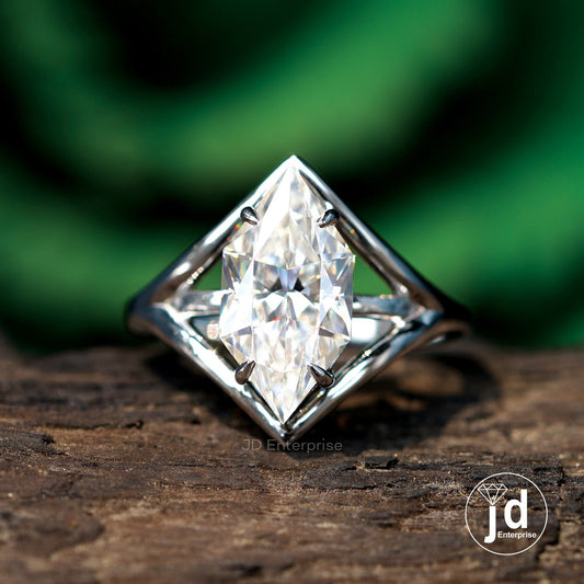 Dutch Marquise Cut Moissanite Engagement Ring, Solitaire Wedding Ring, Bridesmaid Ring, Split Shank Proposal Ring, Anniversary Gifts
