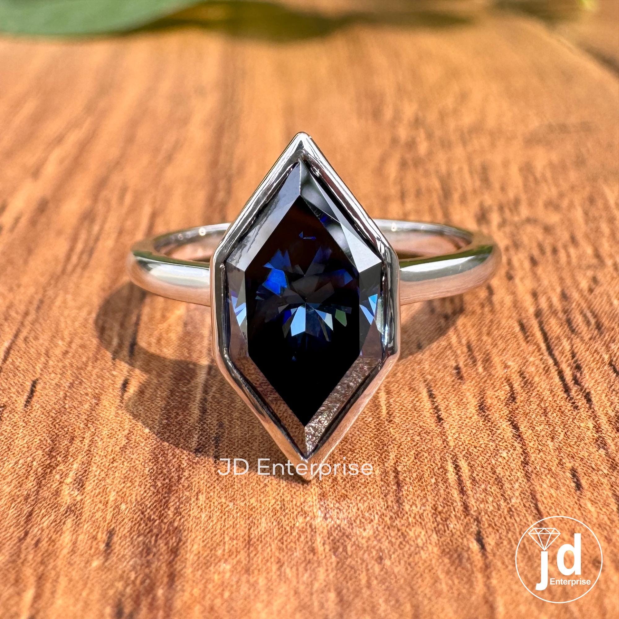 Dark Blue Solitaire Moissanite Engagement Ring, Dutch Marquise Cut Moissanite Ring, Moissanite Anniversary Ring, Bezel Set Bridesmaid Ring