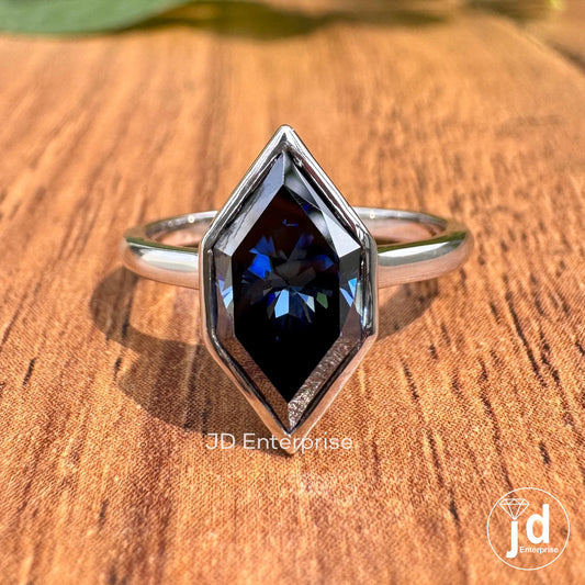 Dark Blue Solitaire Moissanite Engagement Ring, Dutch Marquise Cut Moissanite Ring, Moissanite Anniversary Ring, Bezel Set Bridesmaid Ring