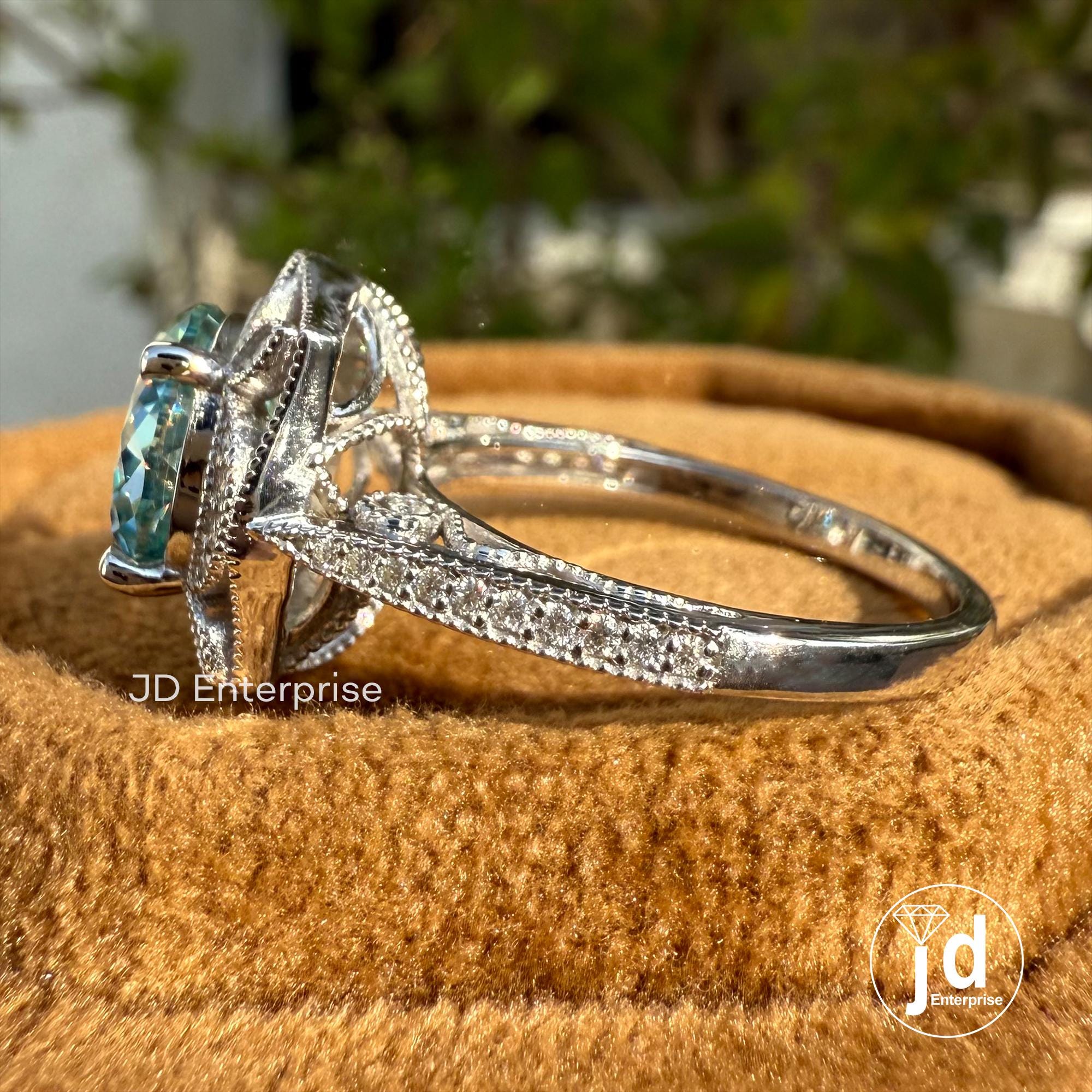 2.50 CT Cyan Blue Portuguese Halo Engagement Ring, Art Deco Wedding Ring, Nature Inspired Floral Ring, Vintage Filigree Anniversary Ring
