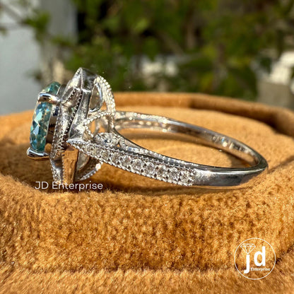 2.50 CT Cyan Blue Portuguese Halo Engagement Ring, Art Deco Wedding Ring, Nature Inspired Floral Ring, Vintage Filigree Anniversary Ring