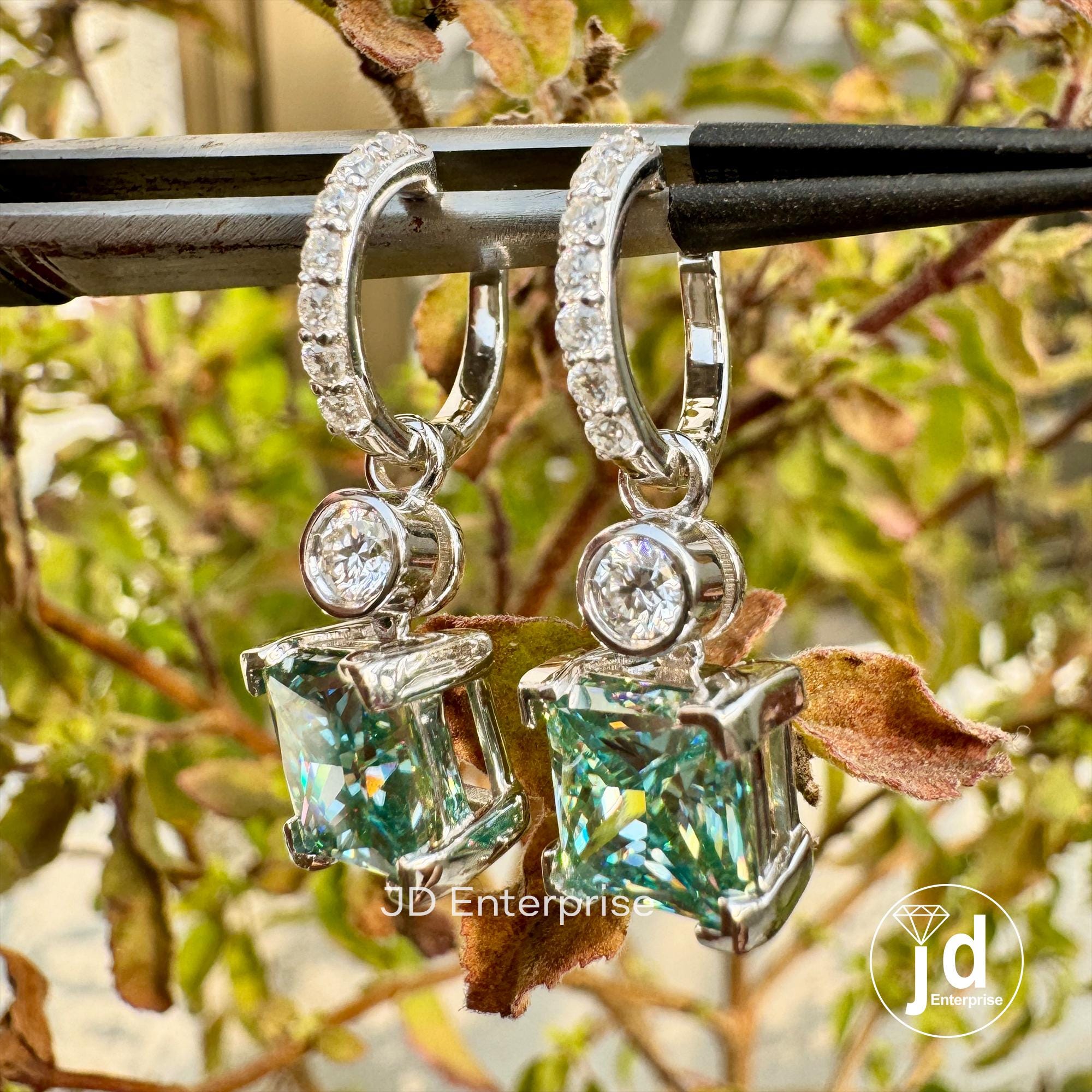 4.57 TCW Princess Cut Bluegreen Moissanite Earrings, Dangle Drop Wedding Earrings, Bridal Earrings, Engagement Earrings, Anniversary Gift