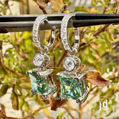 4.57 TCW Princess Cut Bluegreen Moissanite Earrings, Dangle Drop Wedding Earrings, Bridal Earrings, Engagement Earrings, Anniversary Gift