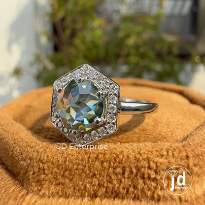 1.50 CT Flower Rose Cut Round Bluegreen Moissanite Ring, Hexagonal Shape Halo Engagement Ring, Six Prong Setting, Promise Rings for Her