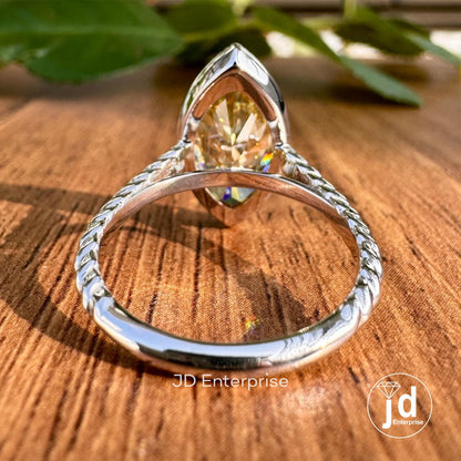 Milgrain Bezel Set Engagement Ring, Marquise Cut Canary Yellow Moissanite Ring, Solitaire Wedding Ring for Her, Rope Design Twisted Band