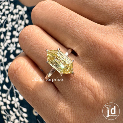 4.00 CT Hexagon Cut Canary Yellow Moissanite Engagement Ring, Yellow Solitaire Wedding Ring, Elongated Hexagon Cut Anniversary Gift Rings