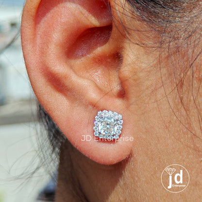 Cushion Cut Moissanite Earrings for Women, Screw Back Earrings, Anniversary Gifts, Halo Moissanite Bridal Earrings, Wedding Earrings