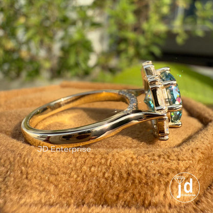 3.0 CT Portuguese Cut Cyan Blue Moissanite Ring, Vintage Style Engagement Ring, Baguette and Round Halo Ring, Wedding Ring, Anniversary Gift