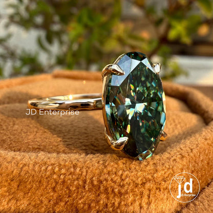 5.00 CT Oval Greenish Blue Moissanite Engagement Ring, Solitaire Wedding Ring, Yellow Gold Ring, Anniversary Gift, Promise Ring, Bridal Ring