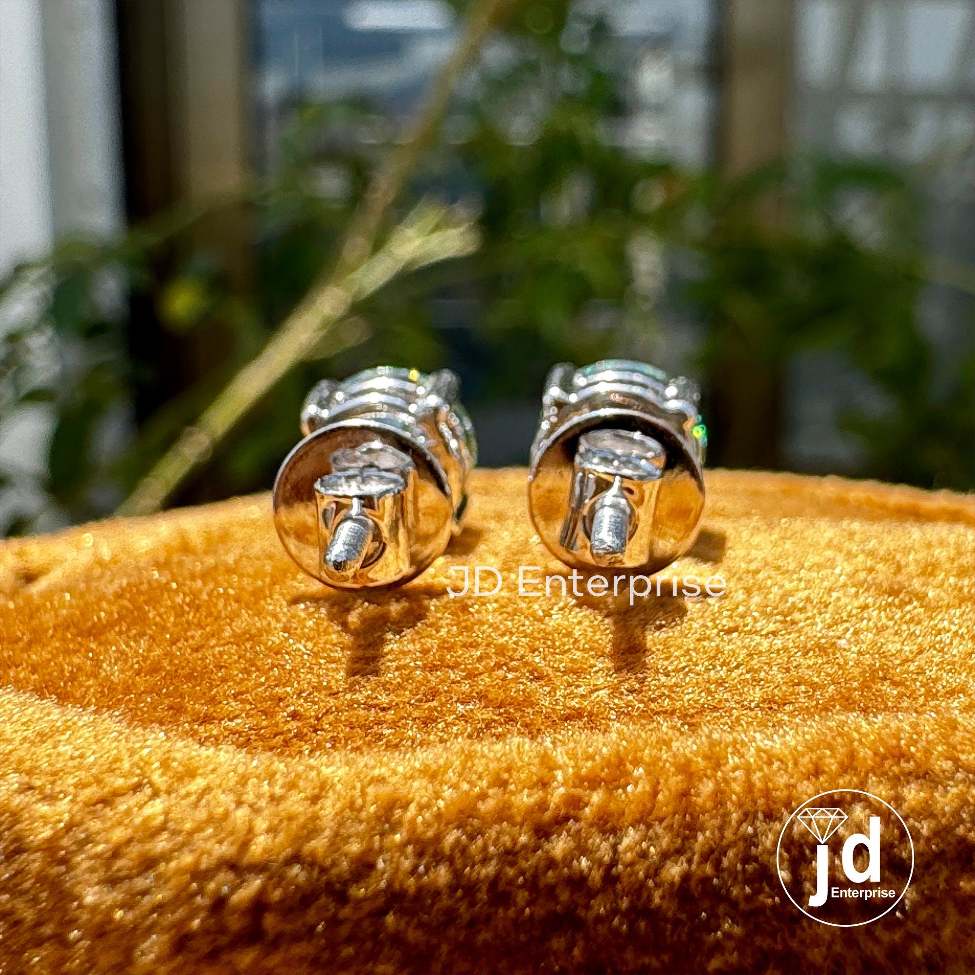 2.00 TCW Antique OEC Round Cyan Blue Moissanite Stud Vintage Style 10K White Gold Earrings, Old European Cut Moissanite Earrings, Screw Back