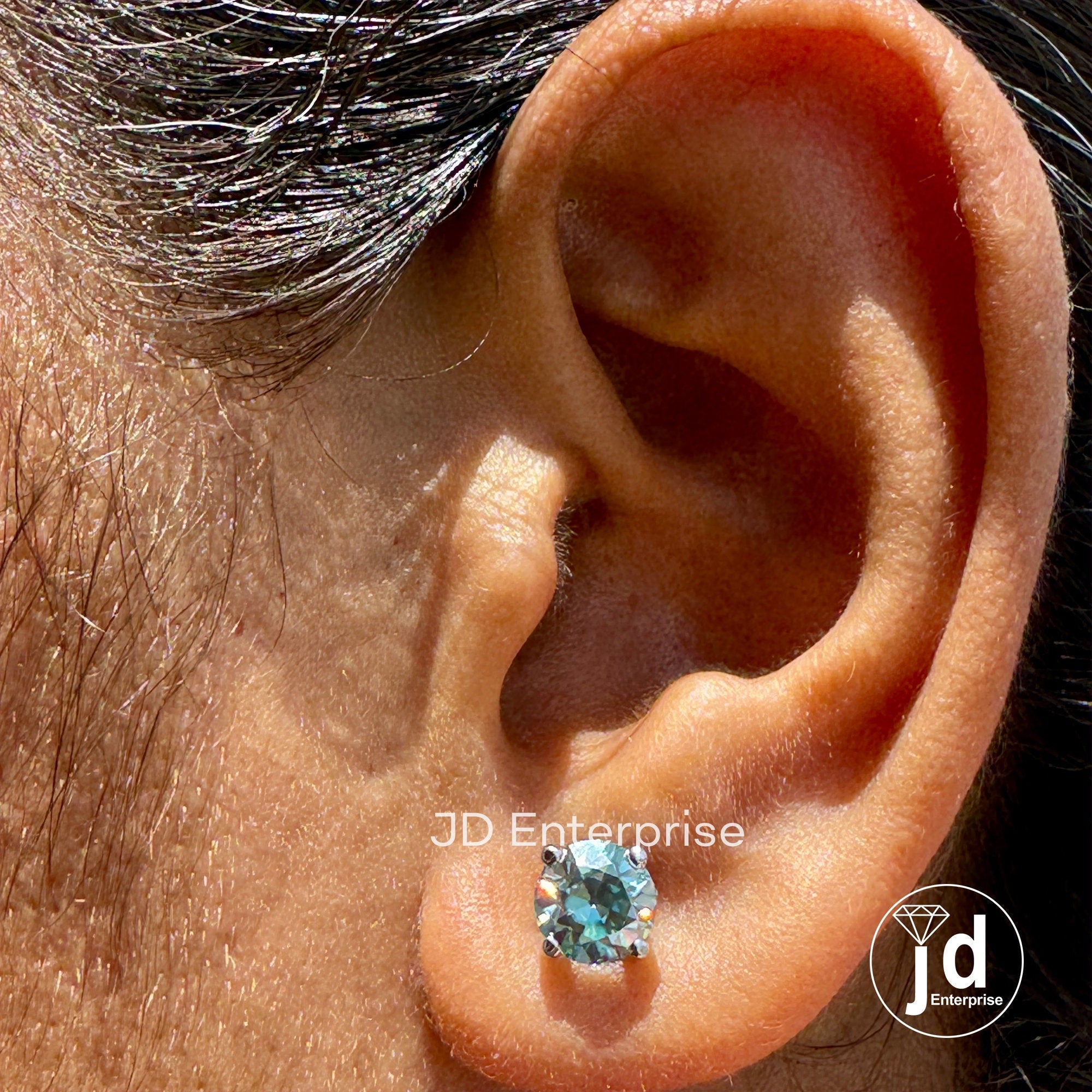 2.00 TCW Antique OEC Round Cyan Blue Moissanite Stud Vintage Style 10K White Gold Earrings, Old European Cut Moissanite Earrings, Screw Back