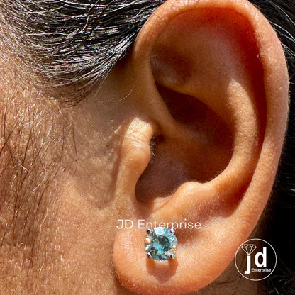 2.00 TCW Antique OEC Round Cyan Blue Moissanite Stud Vintage Style 10K White Gold Earrings, Old European Cut Moissanite Earrings, Screw Back