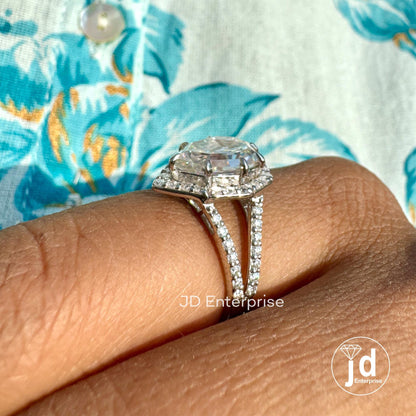 3.50 TCW Colorless Step Cut Pear Moissanite Engagement Ring, Round Halo Wedding Ring, Pave Set Split Shank Anniversary Ring, Bridal Ring Set