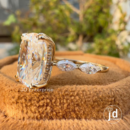 5.00 CT Colorless Elongated Cushion Cut Engagement Ring, Marquise Accent Stone Wedding Ring, Hidden Halo Ring, Anniversary Gift Ring