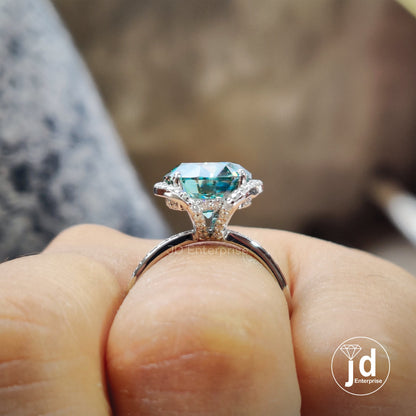 3.60 CT Teal Blue Round Cut Moissanite Half Halo Engagement Ring, Hidden Halo Wedding Ring, Bridal Ring, Pave Set Anniversary Ring, Bridal