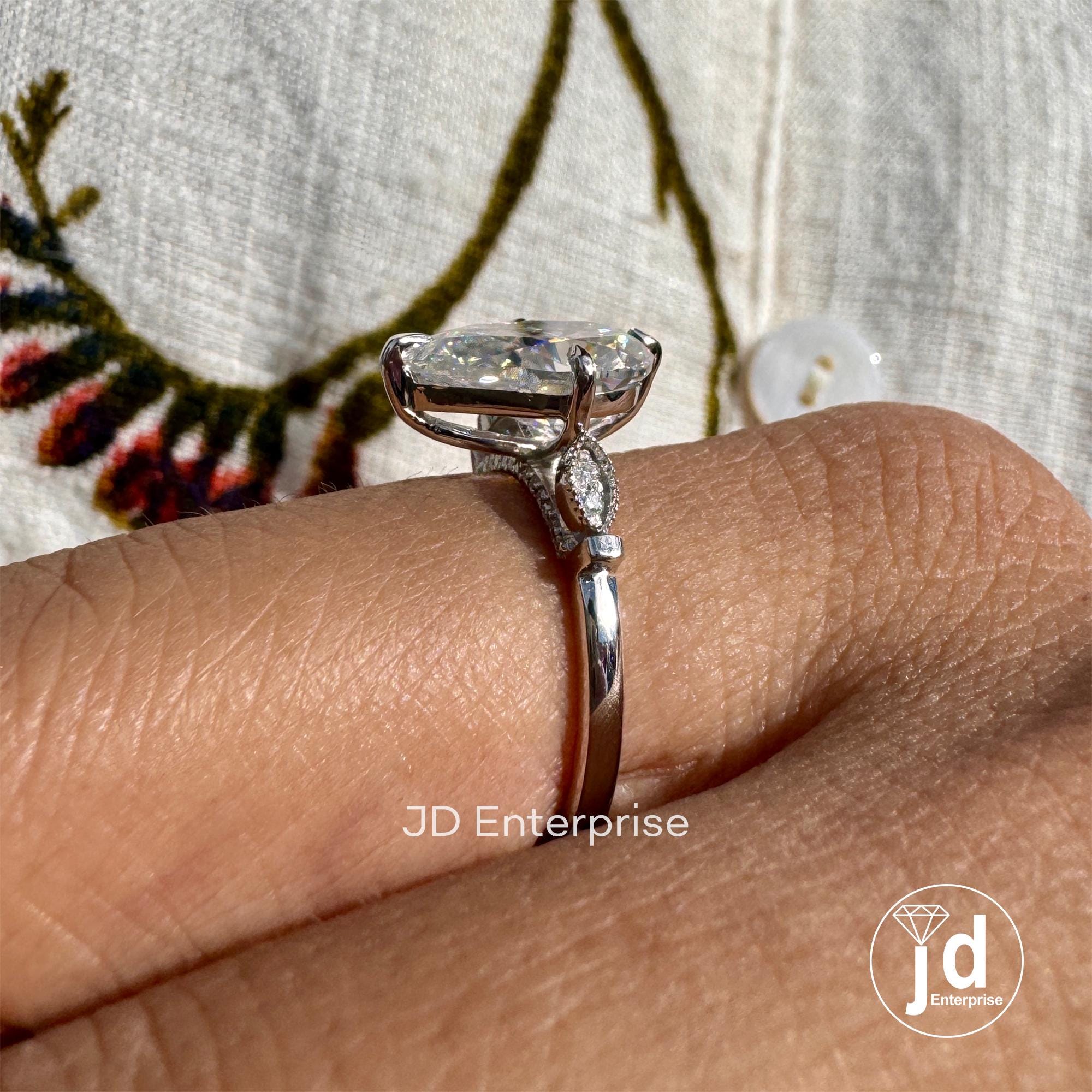 2.75 TCW Antique Colorless Pear Cut Moissanite Engagement Ring, Compass set Prong Wedding Ring, Vintage Style Handcrafted Anniversary Ring
