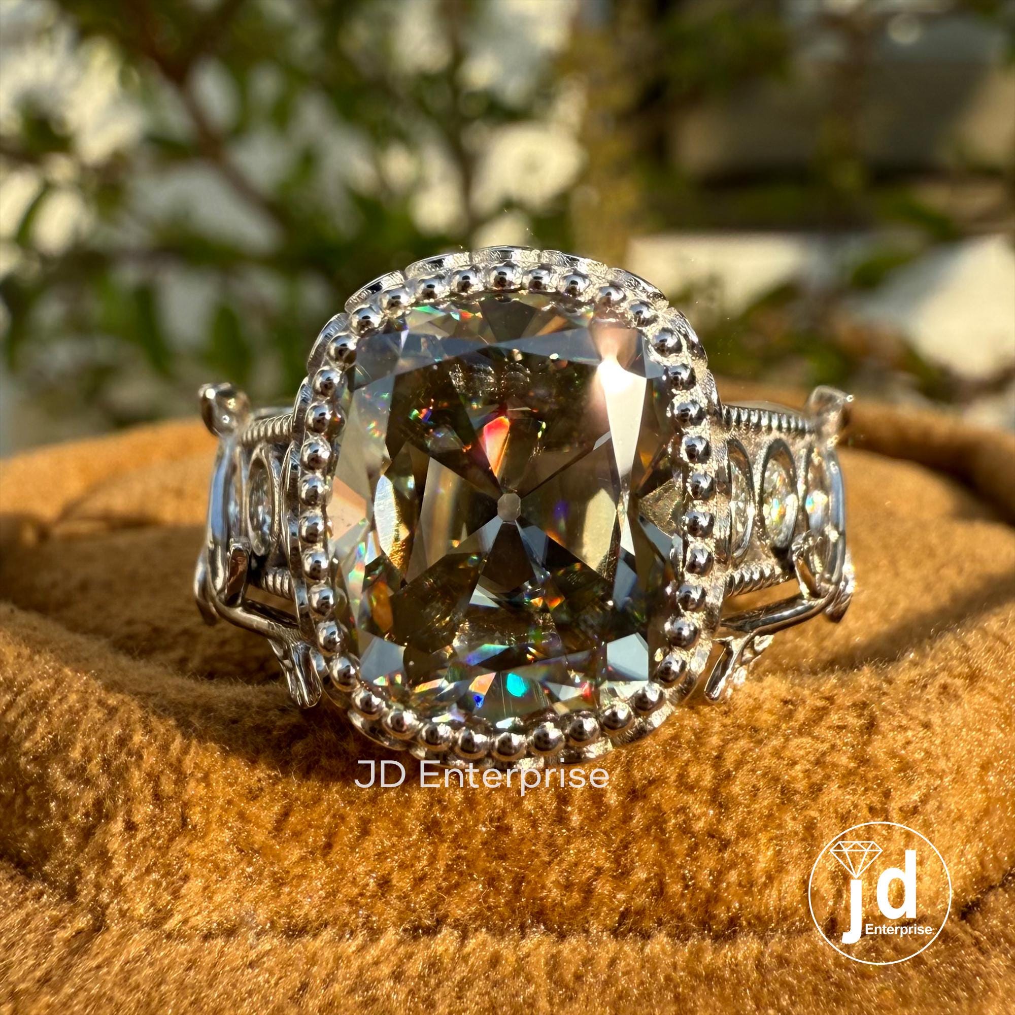Vintage 5.24 TCW Light Grey Old Mine Cushion Cut Engagement Ring, Bezel Set Branch & Leaf Moissanite Wedding Ring, Milgrain Hidden Halo Ring