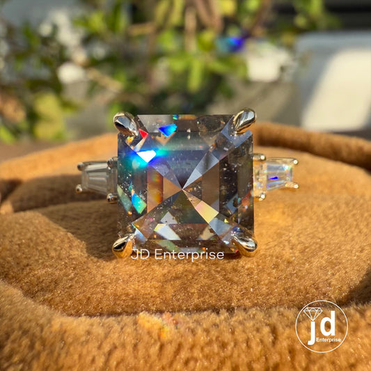 Vintage Celtic Engagement Ring, Asscher Cut Salt and Pepper Diamond Moissanite Ring, Three Stone Wedding Ring, Bridal Ring, Anniversary Gift