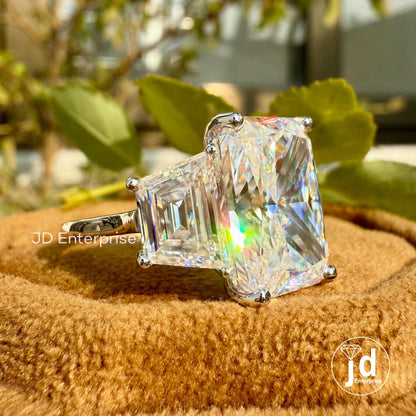 11.00 TCW Large Radiant Cut Moissanite Engagement Ring, Three Stone Celebrity Style Wedding Ring, Trapezoid Cut, Claw Prongs, Bride Ring Set