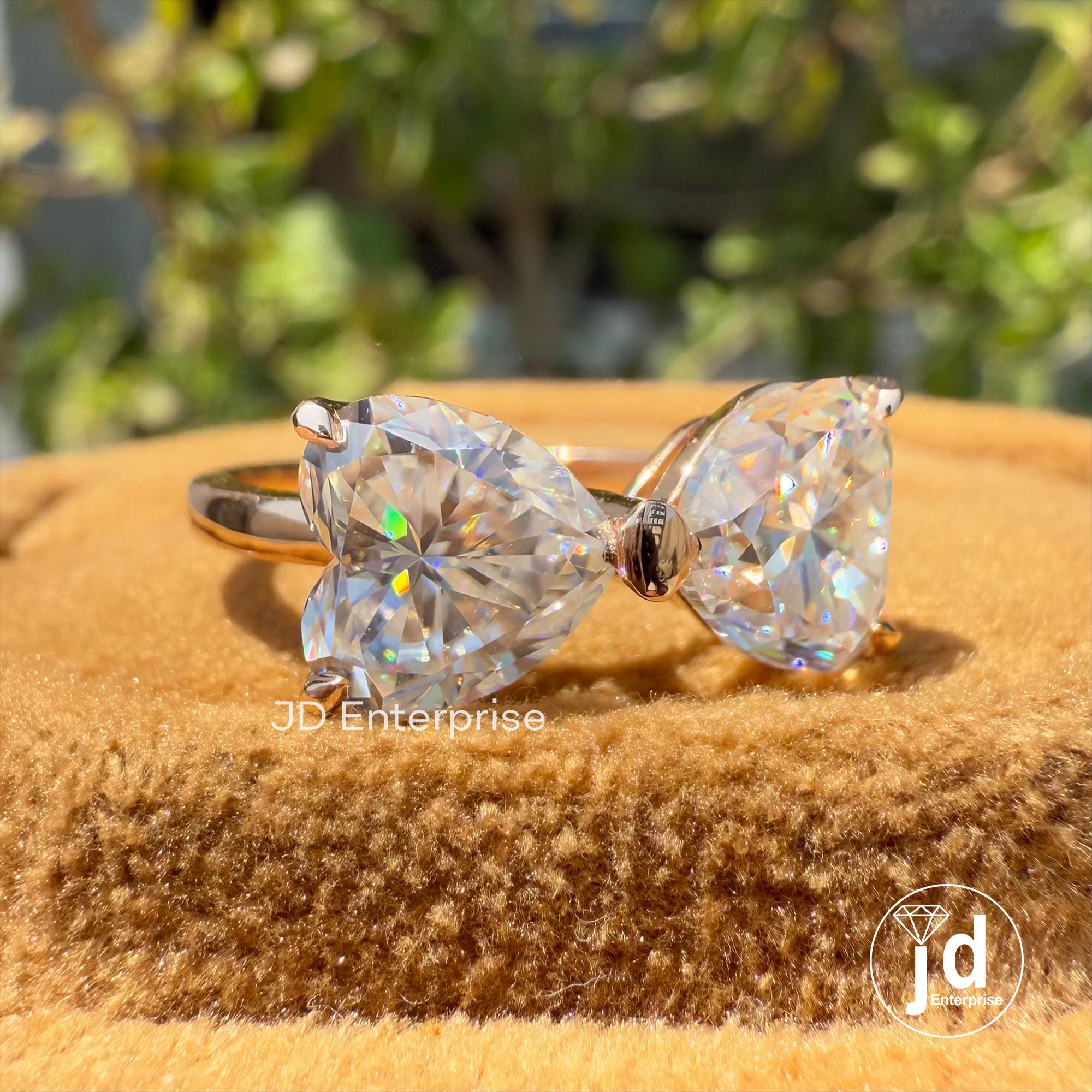 Two Stone Moissanite Ring, 3.00 TCW Heart Shape Moissanite Wedding Ring, Bow Tie Engagement Ring, Promise Ring, Bridal Ring, Rose Gold Ring