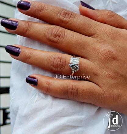 Colorless & Light Grey Moissanite Toi Et Moi Ring, Emerald and Pear Cut Two Stone Ring, White Gold Wedding Ring, Anniversary Gift, Bridal