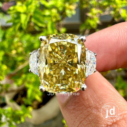 9.30 TW Cushion Cut Canary Yellow Moissanite Ring, Three Stone Engagement Ring, Side Half Moon Cut, Wedding Ring, Elongated Cushion Cut