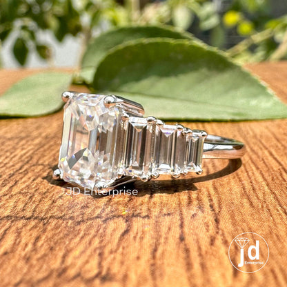 5.00 TCW Colorless Emerald Cut Moissanite Engagement Ring, Sevan Stone Wedding Ring, Anniversary Gifts Ring, Promise Ring, Cocktail Ring
