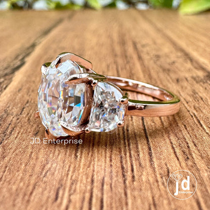 4.10 TCW Oval Step Cut & Half Moon Moissanite Engagement Ring, Three Stone Wedding Ring, 10k Rose Gold Ring for Women, Six Prong Bridal Ring