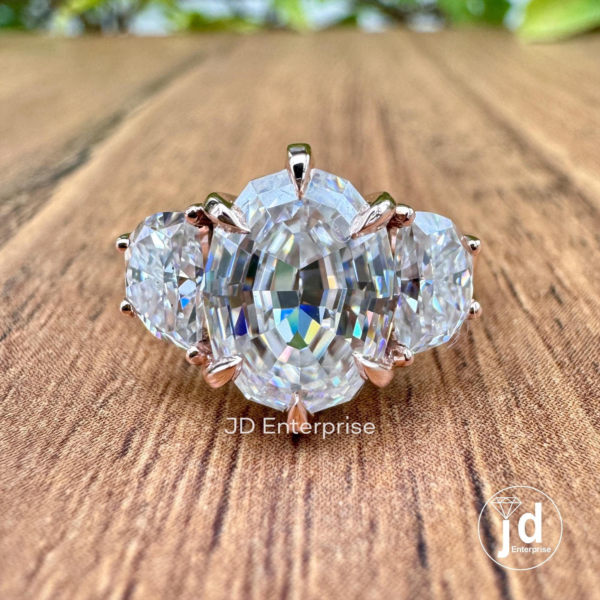 4.10 TCW Oval Step Cut & Half Moon Moissanite Engagement Ring, Three Stone Wedding Ring, 10k Rose Gold Ring for Women, Six Prong Bridal Ring