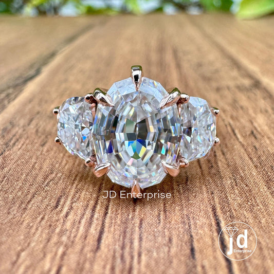 4.10 TCW Oval Step Cut & Half Moon Moissanite Engagement Ring, Three Stone Wedding Ring, 10k Rose Gold Ring for Women, Six Prong Bridal Ring