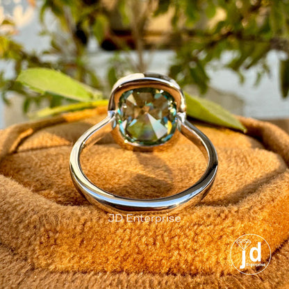4.00 CT Cushion Rose Cut Bluegreen Moissanite Engagement Ring, Bezel Set Solitaire Ring, Bridal Ring, Vintage Wedding Ring, Anniversary Ring