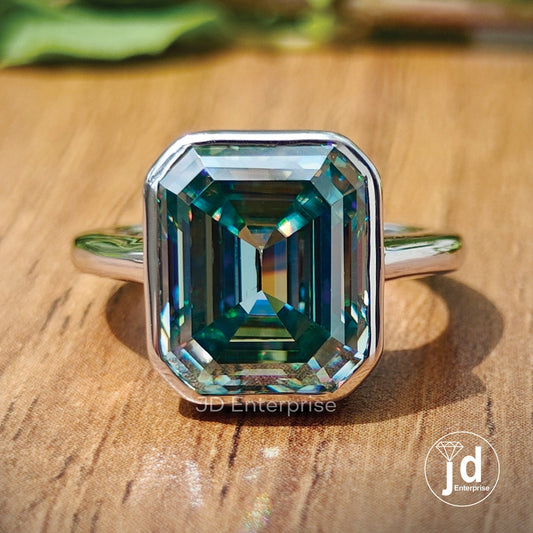 7.00 CT Emerald Cut Cyan Blue Moissanite Solitaire Engagement Ring, Bezel Set Wedding Ring, Anniversary Gifts, Bridal Ring, Ring for Women