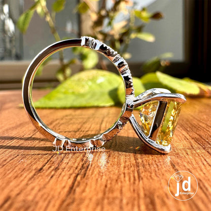 4.50 CT Princess Cut Canary Yellow Moissanite Engagement Ring, Accent Set Wedding Ring, Milgrain Ring, Anniversary Gifts Ring, Proposal Ring