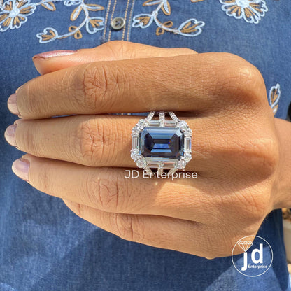 Large 6.70 CT Emerald Cut Royal Blue Moissanite Engagement Ring, Pave Split Shank Wedding Ring, Baguette & Round Halo Ring, Anniversary Gift