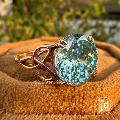 7.70 CT Cyan Blue Portuguese Cut Moissanite Ring, Antique Diamond Engagement Ring, Solitaire Wedding Ring, 10K Rose Gold Anniversary Ring