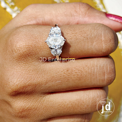 4.10 TCW Oval Step Cut & Half Moon Moissanite Engagement Ring, Three Stone Wedding Ring, 10k Rose Gold Ring for Women, Six Prong Bridal Ring